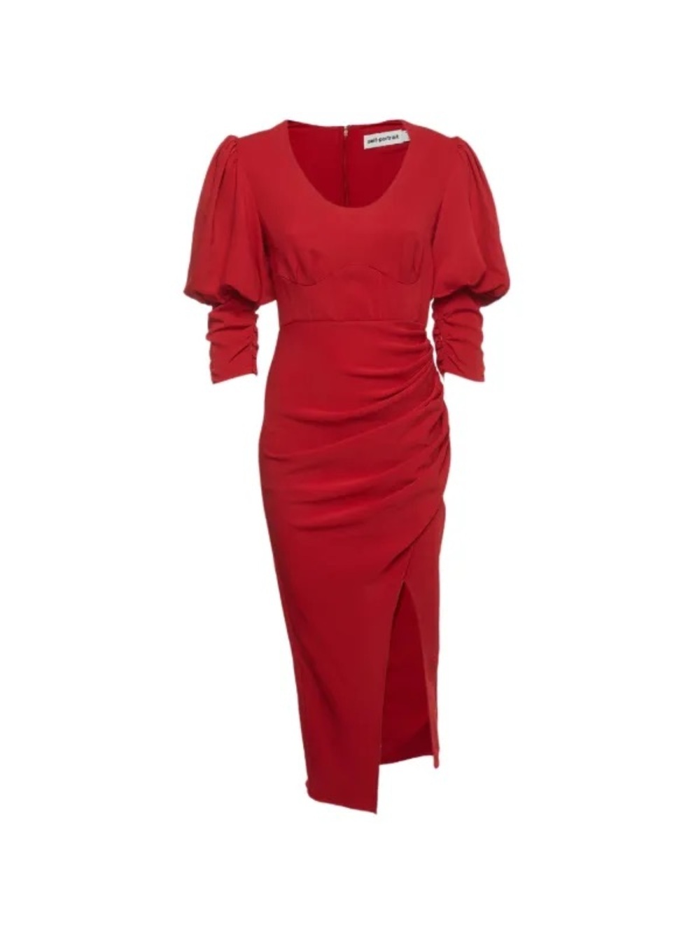 Self-Portrait Red Stretch crepe midi Puff-Sleeve Ruched Dress size 4